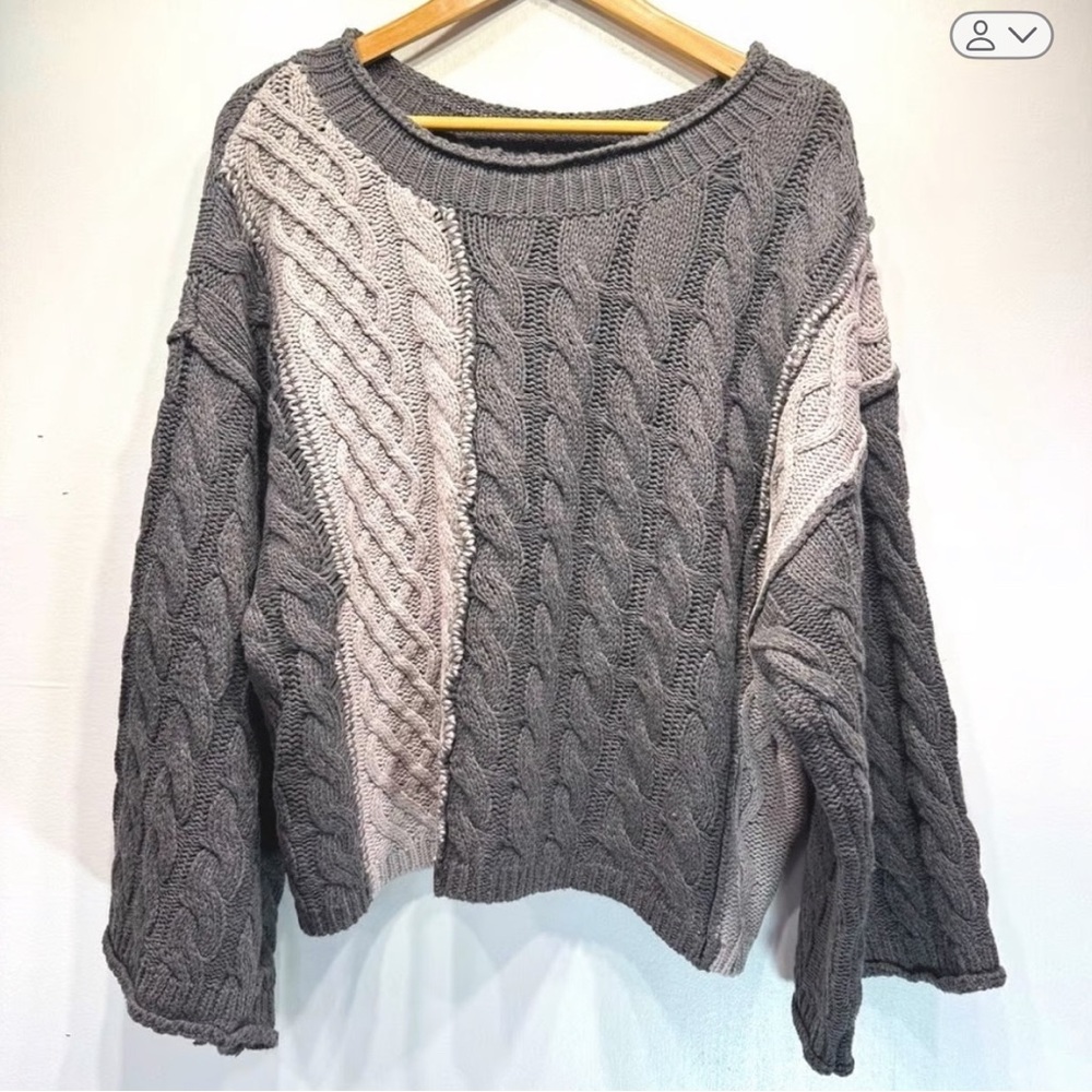 POL Chunky Cable Knit Sweater in Gray and Cream